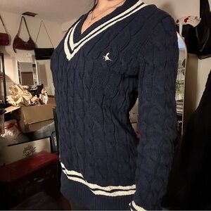 Navy Cable Knit V Neck Sweater with White Accents